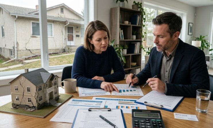 Homeowner and real estate agent reviewing pricing documents and repair estimates for a house with foundation problems before selling as-is.