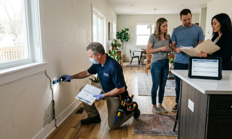 Home inspector examining wall cracks and foundation damage while buyers review inspection report during home evaluation.