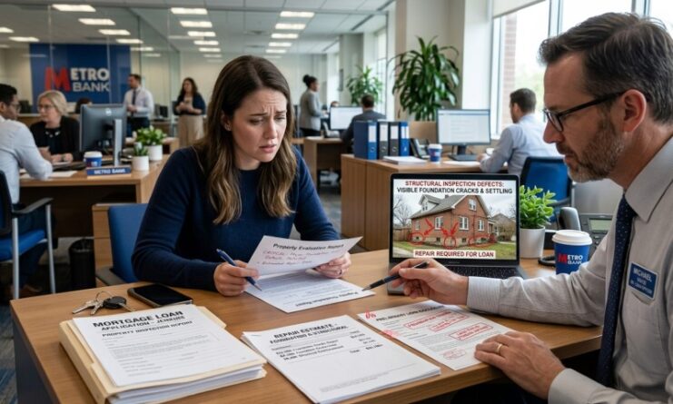 Homebuyer discussing mortgage approval with lender while reviewing documents showing foundation issues affecting home financing.